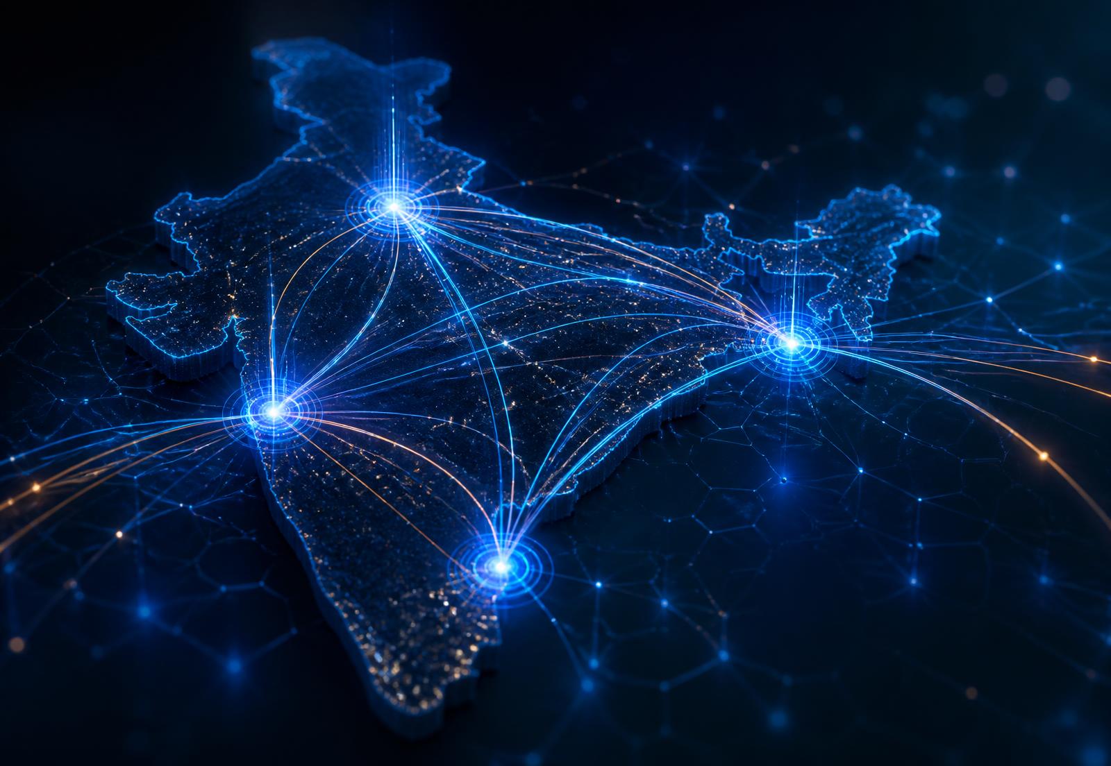 Glowing fiber-optic network connecting major locations across India